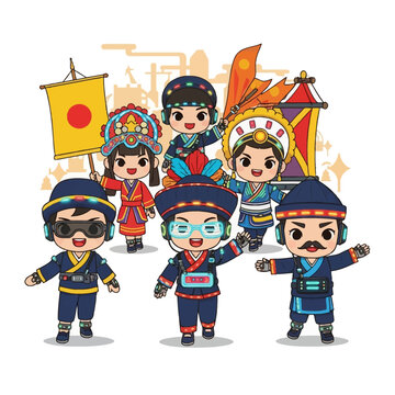Chibi characters in traditional cultural costumes integrated with futuristic LED technology and cyberware accessories marching in a festive parade with banners on a white background.