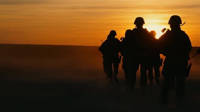 Midframe silhouette of soldiers marching at sunset