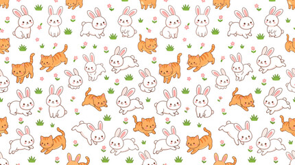 Obraz premium Seamless pattern featuring cute white rabbits and ginger cats on grass.