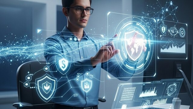 Cybersecurity expert interacting with digital futuristic interface data protection shield firewall cyber security network technology data privacy server computer engineering concept