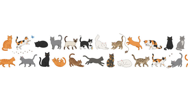 Seamless border pattern featuring diverse cute cartoon cats in various colors and poses.
