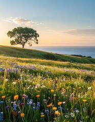 Fototapeta premium Vibrant Wildflower Meadow with Solitary Tree Overlooking Ocean at Sunset.