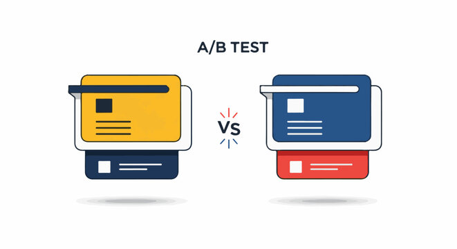 A graphic illustration comparing A/B testing with two colored credit card interfaces