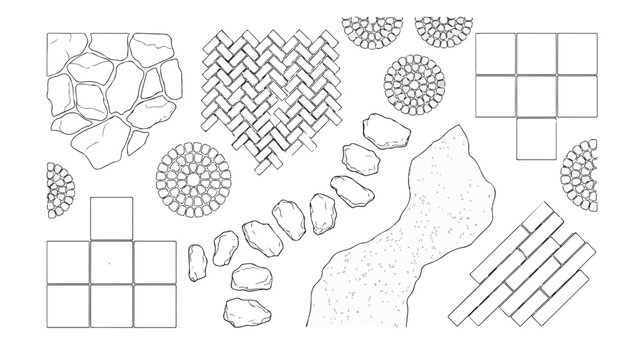 Paving stone patterns and landscape design elements, architectural line art vector set, garden walkway and patio tiling textures for blueprints