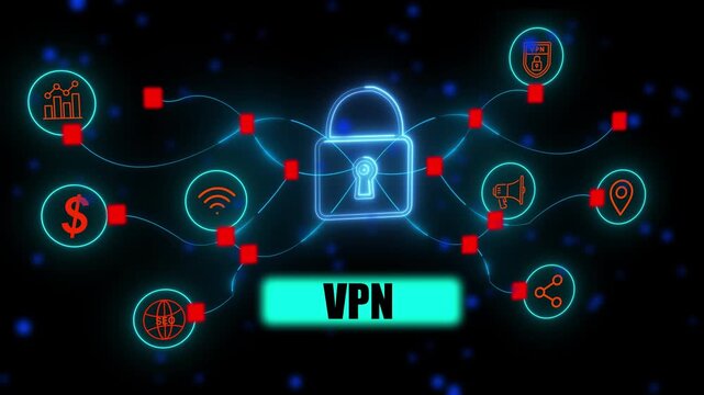 Secure VPN connection and digital data privacy concept featuring a glowing padlock with network nodes and internet security protection symbols.
