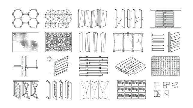 Architectural facade elements vector set, 20 technical building skin icons, modern exterior cladding and window system line drawings