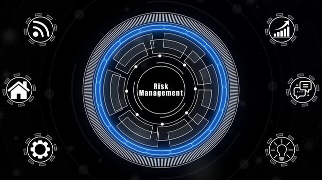 A glowing neon risk Management concept surrounded by smaller icons for ai and manufacturing process management all connected in a digital circuit like pattern.