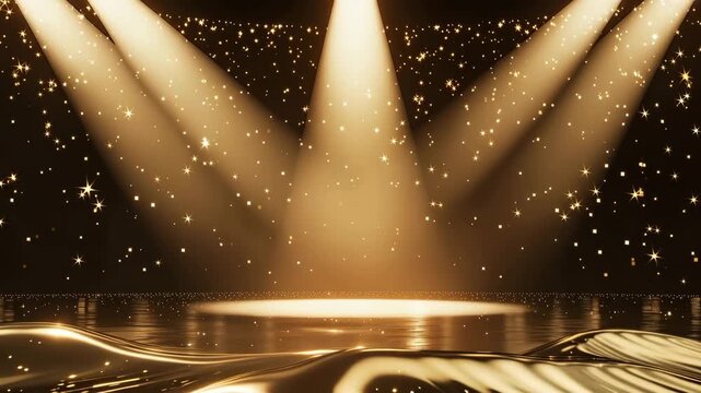 Stage with golden spotlights and sparkling stars on a dark background beam