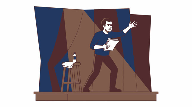 Theater Actor Rehearsing Monologue on Stage with Script