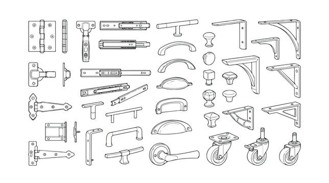 Vintage furniture hardware icons set, antique metal door hinges and drawer handles vector, industrial shelf brackets and cabinet knobs line art