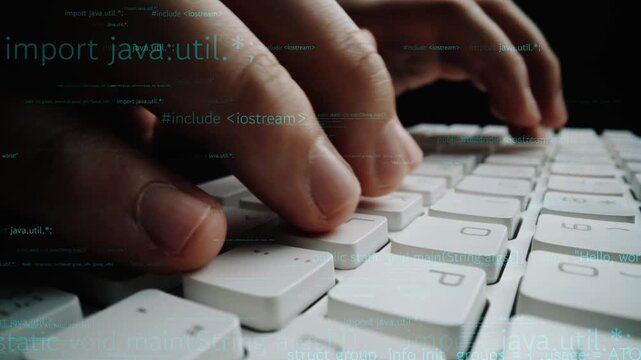 Hands gently press keys on a keyboard, surrounded by an overlay of computer code snippets, showcasing the art of programming and digital technology at work. Xenic