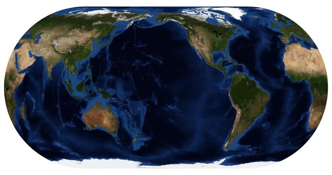 Eckert IV projection animation. Detailed physical world map. Longitude shift rotation. June View. Elements of this video furnished by NASA.