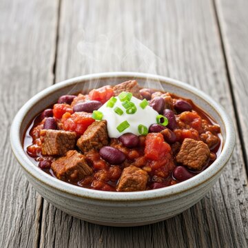 Hearty beef chili with red kidney beans and diced tomatoes served in a ceramic bowl on a rustic wooden table with ample room for text, napkin, dinner, spicy