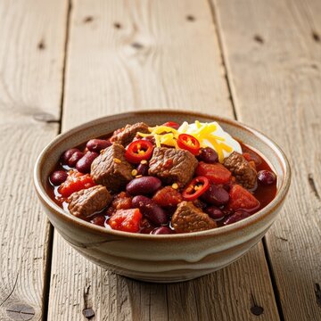 Hearty beef chili with red kidney beans and diced tomatoes served in a ceramic bowl on a rustic wooden table with ample room for text, spoon, fresh, savory
