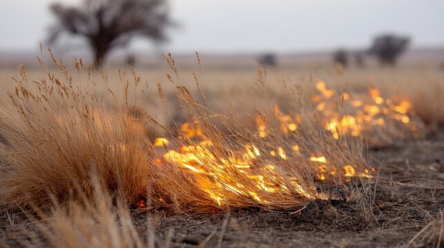 Grassland in Flames During a Controlled Burn Under Cloudy Sky on Distant Horizon with Sparse Vegetation in Background
