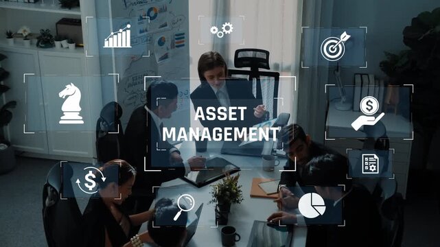 A dynamic business meeting discussing asset management strategies with team collaboration. Visual data representation enhances decision-making in a modern office environment. Raster