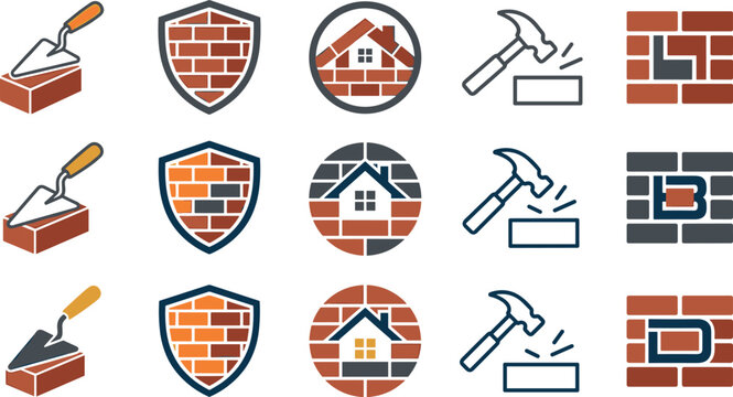 Bricklayer Masonry Construction Vector Logo Set Featuring Trowel, Brick Wall Shield Badges, House Roof Circles, Hammer Tool Icons, and Monogram Alphabet Emblems