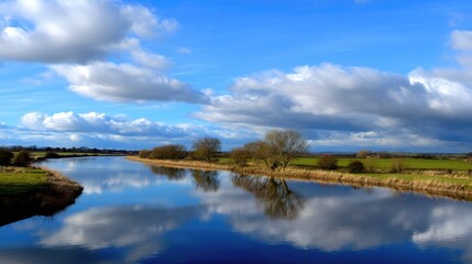 Fototapeta premium Serene River Landscape with Blue Sky and Fluffy White Clouds Reflecting on Calm Water
