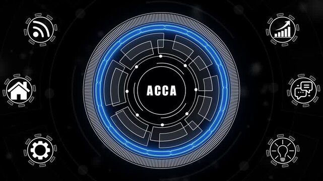 A glowing neon ACCA concept surrounded by smaller icons for ai and manufacturing process management all connected in a digital circuit like pattern.