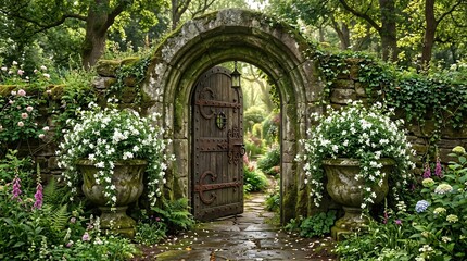 Fototapeta premium Enchanted Garden Entrance with Stone Arch and Flowers