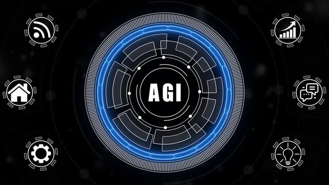 A glowing neon AGI concept surrounded by smaller icons for ai and manufacturing process management all connected in a digital circuit like pattern.
