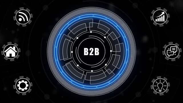 A glowing neon B2B concept surrounded by smaller icons for ai and manufacturing process management all connected in a digital circuit like pattern.