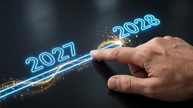 Human index finger touching glowing blue neon numbers twenty seven and eight on dark metal surface hand texture light.