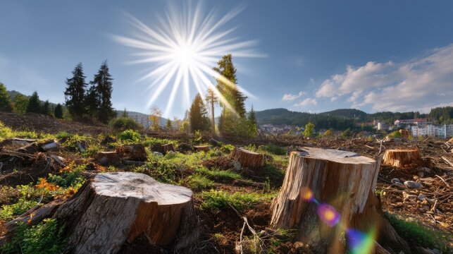 Deforested Landscape with Tree Stumps and Radiant Sunlight Over Mountainous Terrain