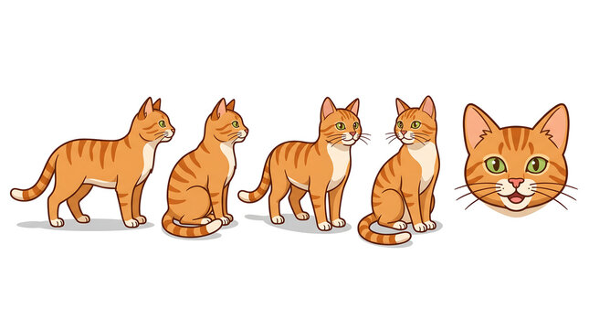 Clean Flat-Vector Orange Tabby Cat Character Sheet Five Poses on White Background