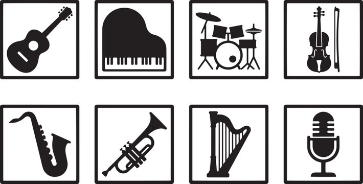 Minimalist Set of Musical Instrument Icons Featuring Guitar Piano Drums Violin Saxophone Trumpet Harp and Microphone isolated on white background.