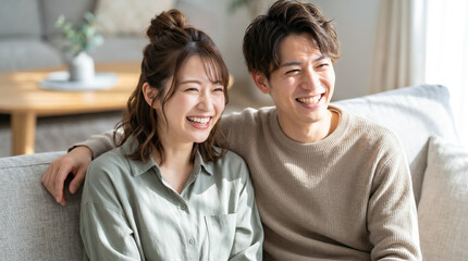 Fototapeta premium リビングのソファで仲良くテレビを見るカップル 自宅デートを楽しむ二人
