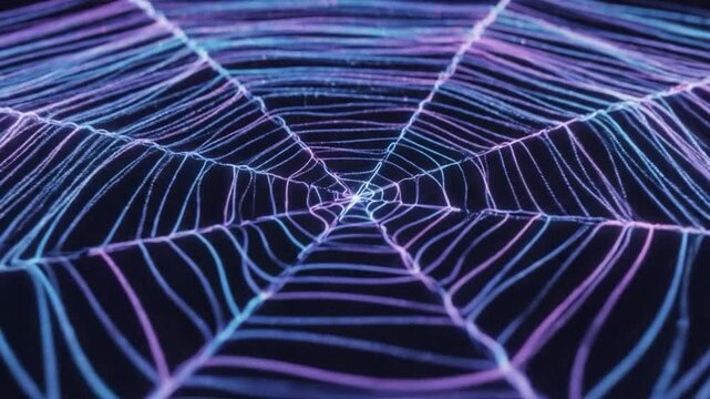 A glowing neon spider web shines with blue and pink light