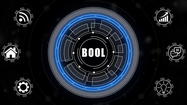 A glowing neon BOOL concept surrounded by smaller icons for ai and manufacturing process management all connected in a digital circuit like pattern.