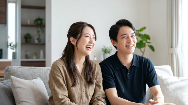 リビングのソファで仲良くテレビを見るカップル　自宅デートを楽しむ二人