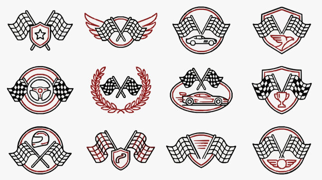 Dynamic Racing Emblems and Crest Designs Featuring Checkered Flags Wings and Classic Motorsport Symbols