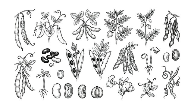 Vintage bean and legume sketches, hand drawn botanical illustrations of soy and peas, black and white organic farm vegetable vector set