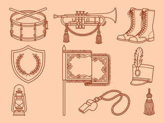 Vintage Marching Band and Military Parade Equipment Line Art Icon Set © Suci