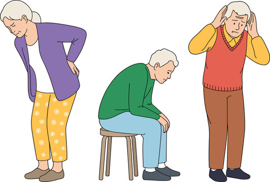 Elderly people suffering from pain and stress, senior health problems vector illustration isolated character collection