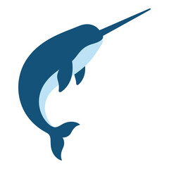 Blue narwhal swimming in ocean water with long horn  marine animal icon © nirob