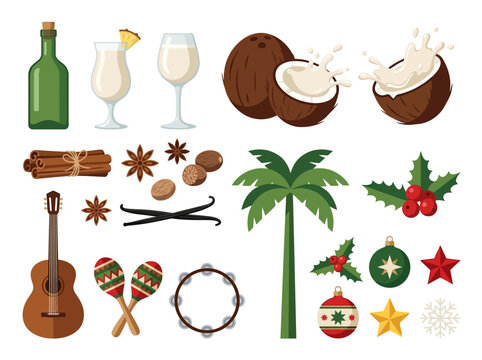 Tropical Christmas Coquito Ingredients and Holiday Icons Set with Coconut, Rum, Spices, and Musical Instruments