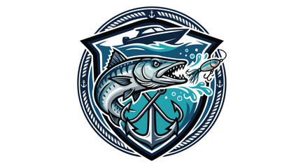 Fishing emblem featuring aggressive fish, boat, and crossed anchors © colorshapppy
