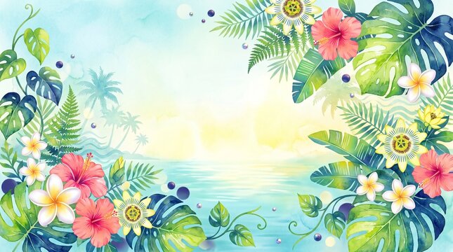 Monstera leaf and hibiscus flower forming a summer botanical background.