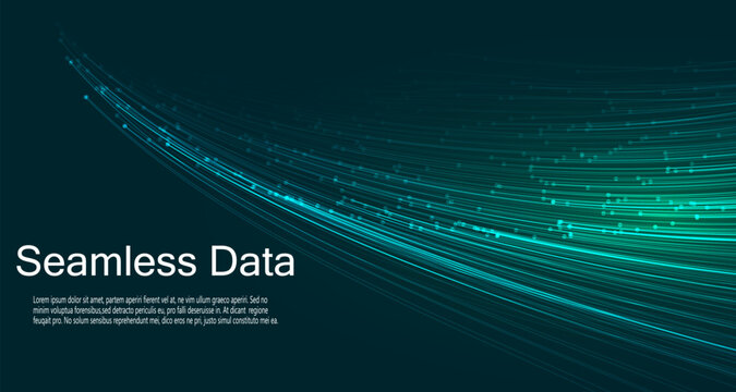 Horizontal data flow technology banner with points, headline text and a button on a dark teal background.