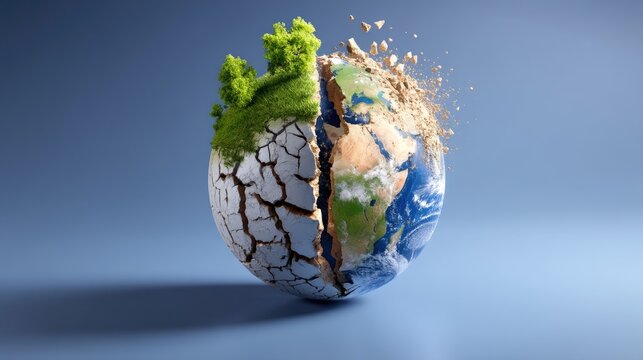 Conceptual representation of Earth divided between nature and environmental degradation showcasing climate change effects