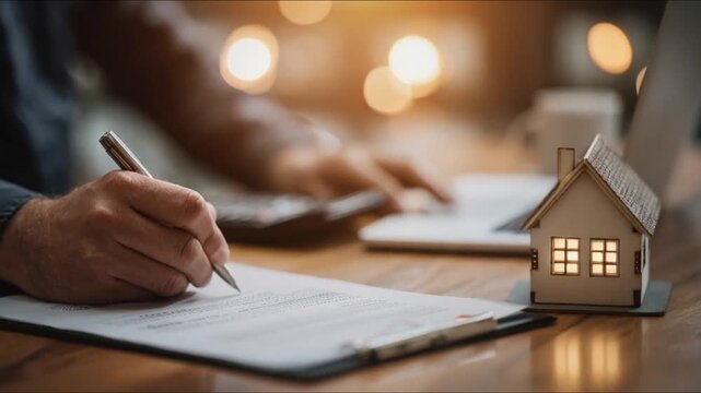 A person carefully reviews and signs a document at a desk, with a miniature house symbolizing real estate and a soft. ..Created with Generative AI, not depicting real subjects.