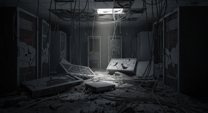 Abandoned server room with broken computer hardware and hanging cables in a dark ruined data center facility with dusty floor and dramatic overhead light beam illumination