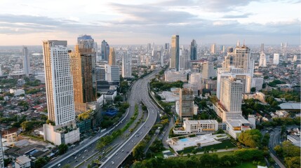 Obraz premium Aerial View of Modern Cityscape with Skyscrapers and Urban Highway During Sunset