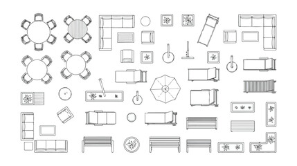 Outdoor furniture top view vector set, patio garden furniture floor plan symbols, modern terrace lounge and dining area layout elements © HayeGareebi