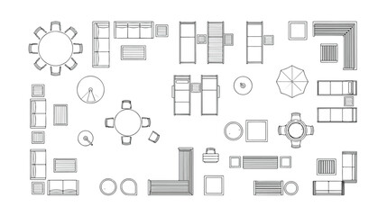 Outdoor furniture top view vector set, patio lounge and garden seating floor plan icons, terrace arrangement symbols for architectural landscape design © HayeGareebi