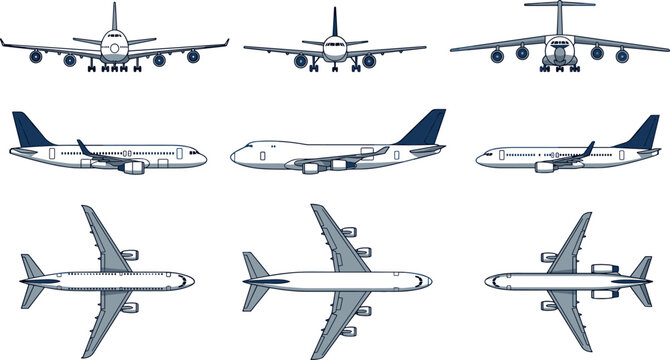Commercial Airplane and Jet Airliner Vector Set Featuring Front Side and Top Orthographic Views of Passenger Aircraft for Aviation Transportation Diagrams